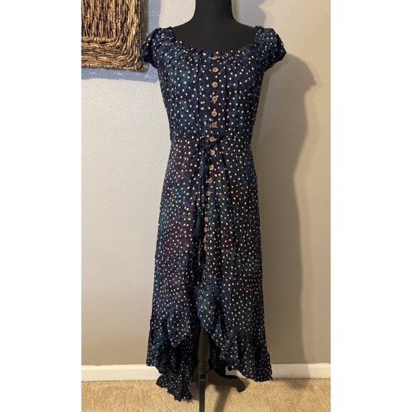 Tiara Hawaii Dress S M L Green Blue Tan Smocked Ruffle Flowy Washable NEW - Picture 4 of 13